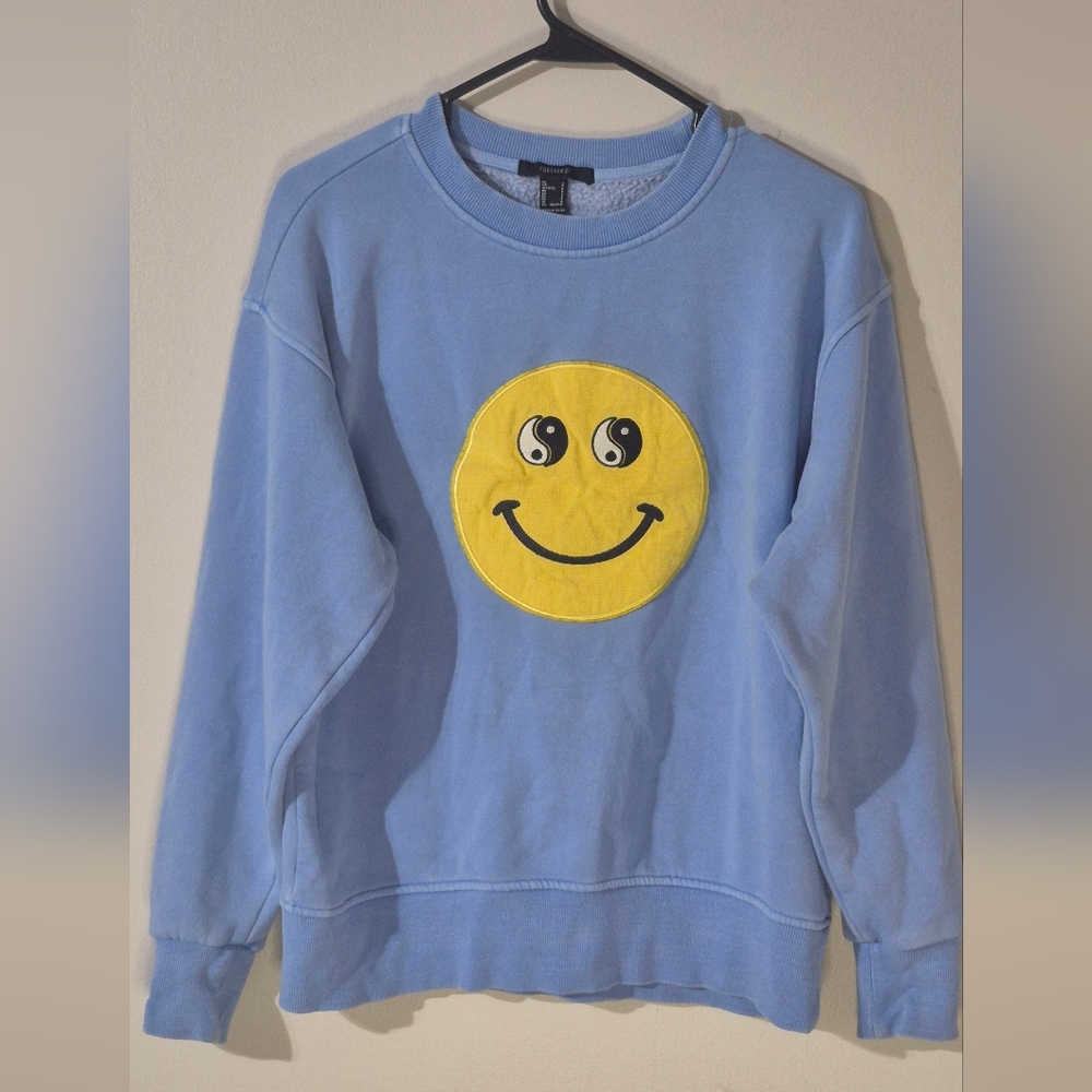 Blue Ying Yang Happy Face Size Small Oversized Sweatshirt